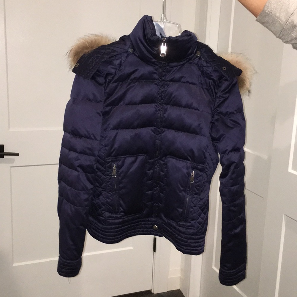 Navy blue puffer with 100% raccoon fur hood trim